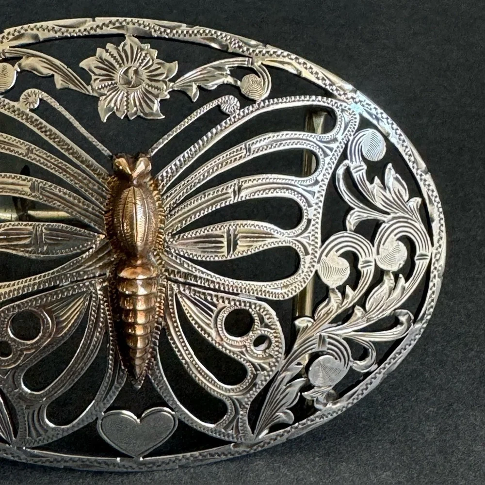 Fleming Butterfly Belt Buckle‎ Sterling Silver Filigree Etched Coastal Cowgirl